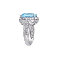 Sterling Silver, Cushion-Cut Blue Topaz & 7.25 CT. T.W. Created White Sapphire Double Halo Ring