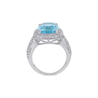 Sterling Silver, Cushion-Cut Blue Topaz & 7.25 CT. T.W. Created White Sapphire Double Halo Ring