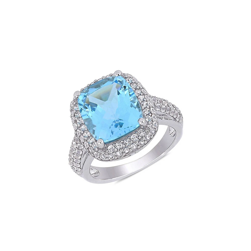 Sterling Silver, Cushion-Cut Blue Topaz & 7.25 CT. T.W. Created White Sapphire Double Halo Ring