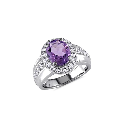 Sterling Silver, Amethyst & Created White Sapphire Oval Halo Ring