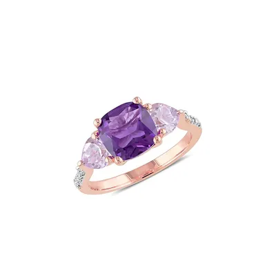 Rose-Plated Sterling Silver, 2.5 CT. T.W. Amethyst & 0.03 Diamond 3-Stone Heart Ring