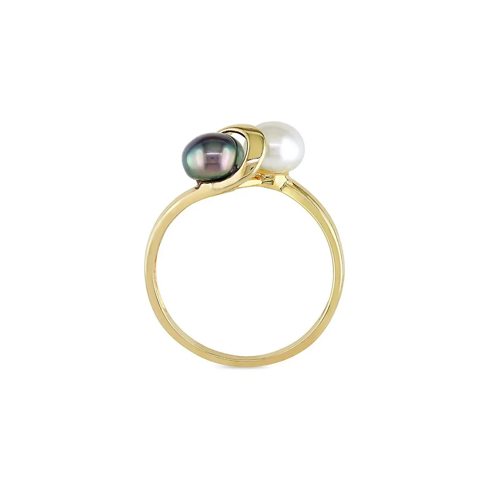 10K Yellow Gold, White & Black 5.5-6mm Cultured Freshwater Pearl Ring