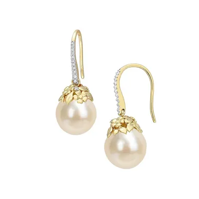 14K Yellow Gold, 0.14 CT. T.W. Diamond & White South Sea Cultured Pearl Hook Earrings