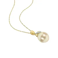 14K Yellow Gold, 10MM South Sea Cultured Pearl & Diamond Pendant With Chain