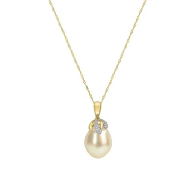 14K Yellow Gold, 10MM South Sea Cultured Pearl & Diamond Pendant With Chain