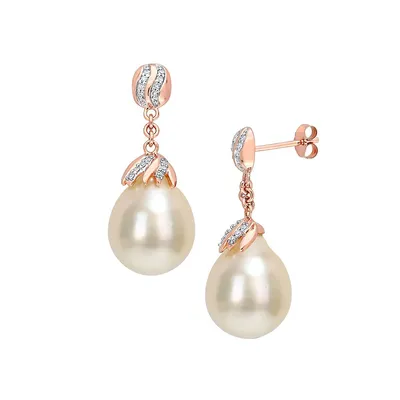 14K Rose Gold, 0.14 CT. T.W. Diamond & White South Sea Cultured Pearl Drop Earrings
