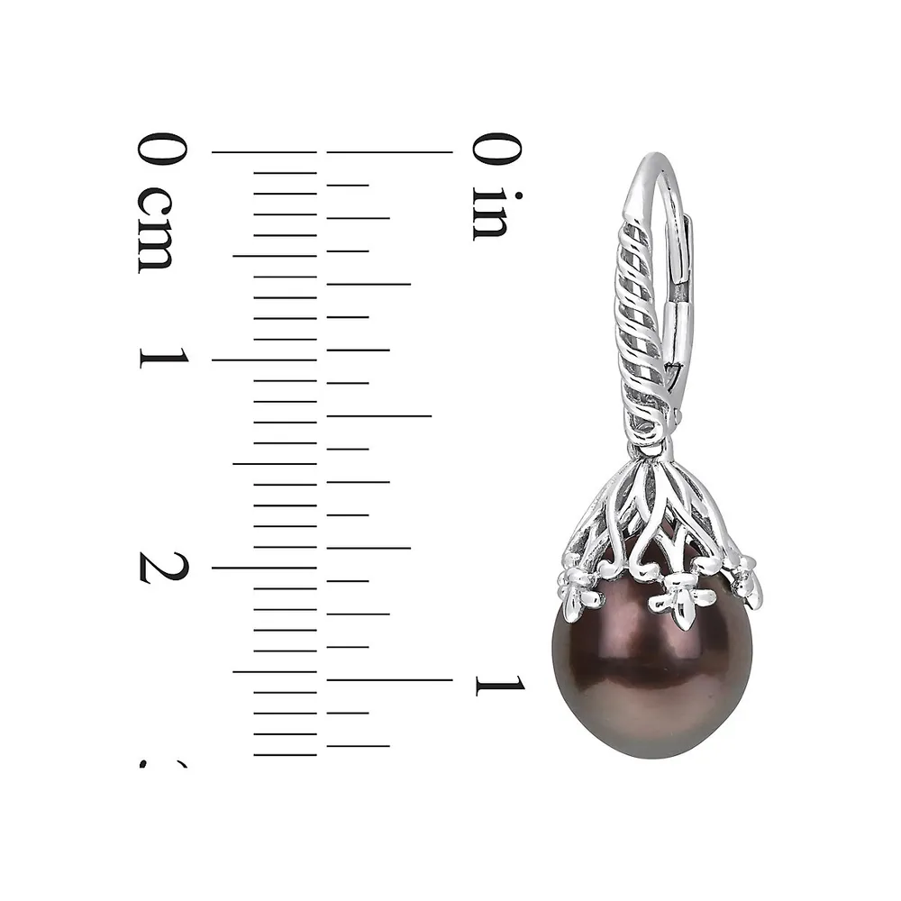 14K White Gold & Black Tahitian Cultured Pearl Filigree Drop Earrings