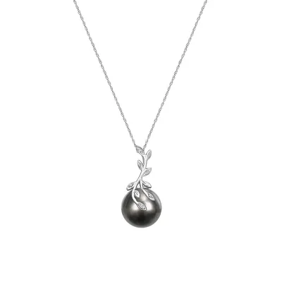 14K White Gold, Tahitian Cultured Pearl & Diamond Accent Leaf Design Necklace