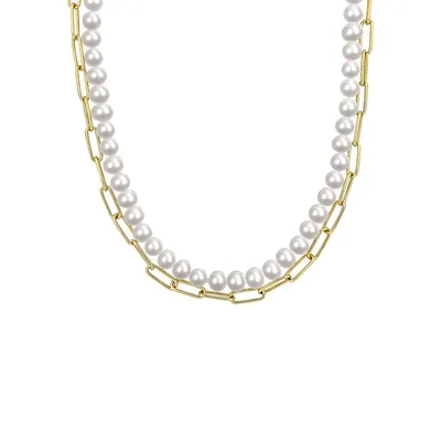 18K Goldplated Sterling Silver & 7.5MM White Cultured Freshwater Pearl Layered Link Chain Necklace