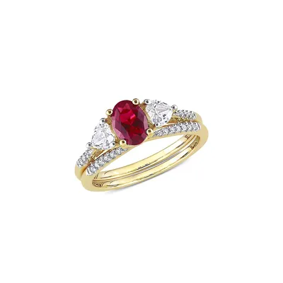 2-Piece 10K Yellow Gold, Created Ruby, White Sapphire & 0.1 CT. T.W. Diamond Oval Heart Bridal Ring Set