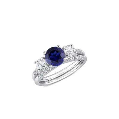 10K White Gold, Created Blue, Sapphire And Diamond 3-Stone Bridal Ring