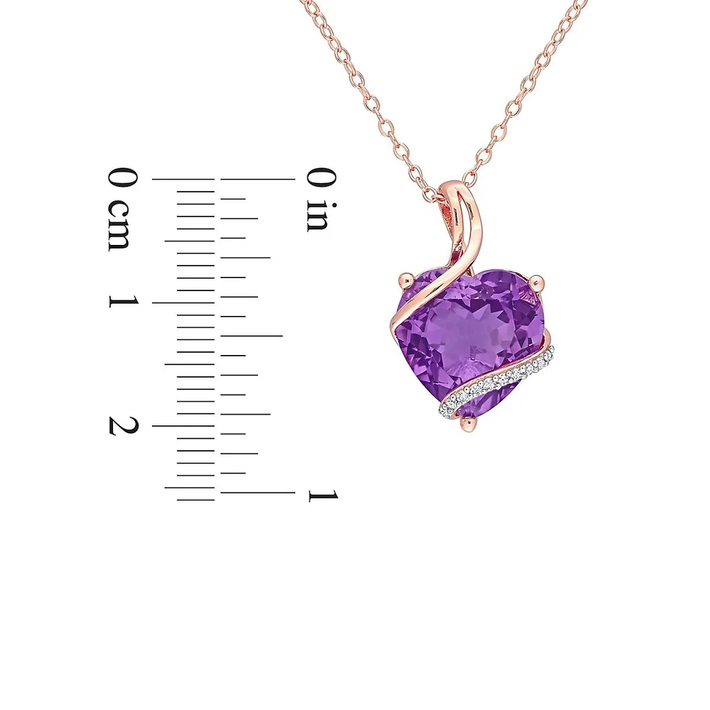 Collier en argent sterling plaqué rose avec améthyste en forme de cœur et diamants 0,05 ct PT