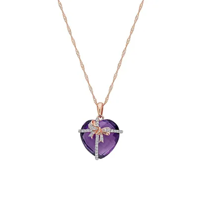 10K Rose Gold, Amethyst & 0.12 CT. T.W. Diamond Heart Pendant Necklace