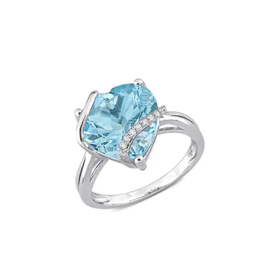 Sterling Silver, Blue Topaz & 0.05 CT. T.W. Diamond Accent Heart Ring