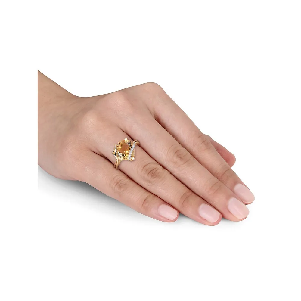 Bague en argent sterling plaqué jaune avec citrine de 6,5 ct PTC et diamants