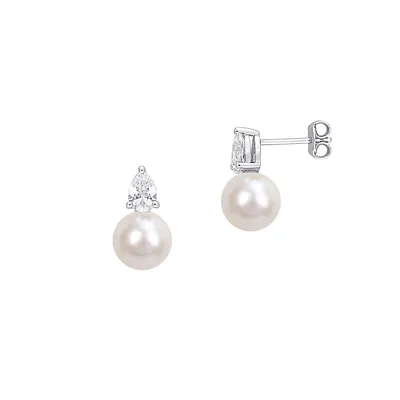 Sterling Silver, 8.5-9MM Cultured Freshwater Pearl & Lab-Created White Sapphire Stud Earrings