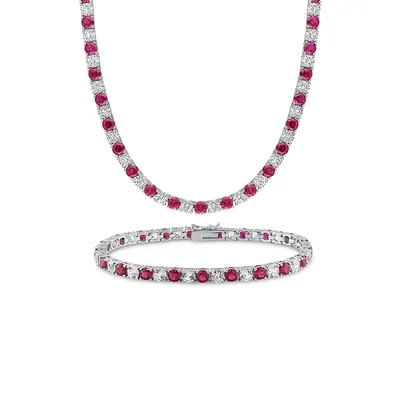 Sterling Silver, Lab-Created Ruby & White Sapphire Tennis Necklace & Bracelet 2-Piece Set