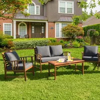 4pcs Wooden Patio Furniture Set Table Sofa Chair Cushioned Garden