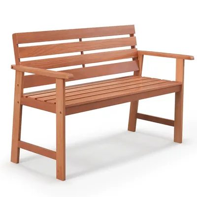 Patio Solid Wood Bench Wood 2-seat Chair With Slatted Seat & Inclined Backrest