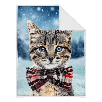 Kid's Reversible Bowtie Cat Print & Faux Shearling Throw