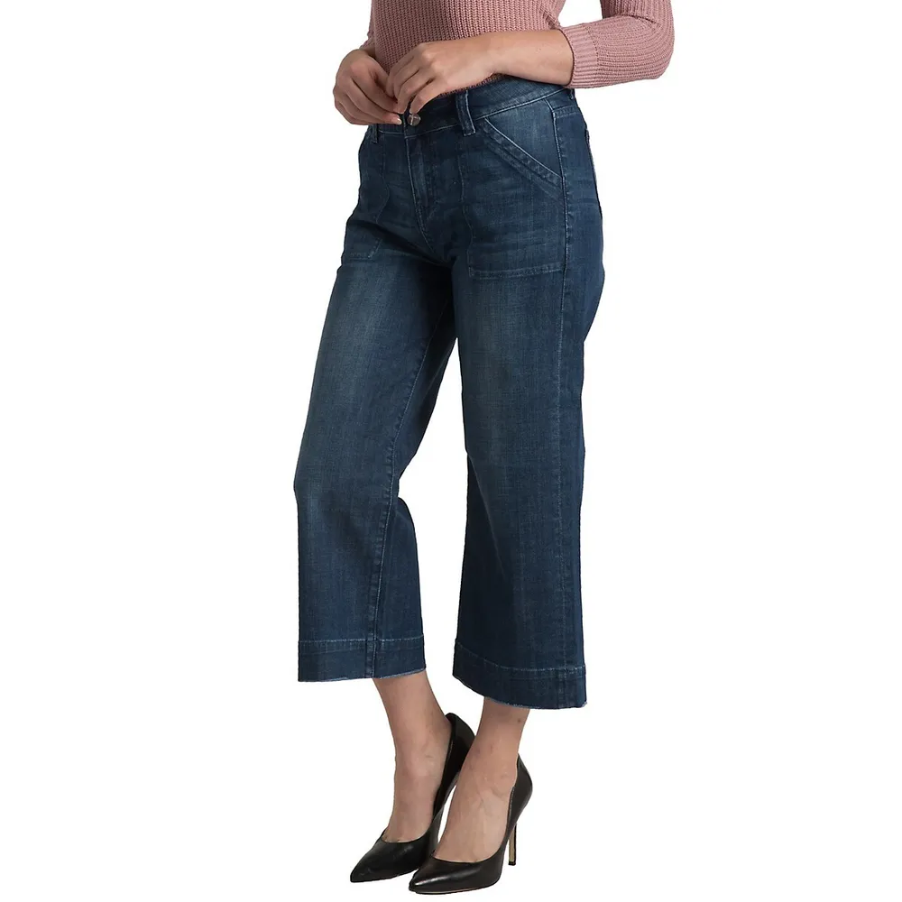 Women's Denim Wide Leg Patched Pocket Capri Premium Cropped Ankle Jeans