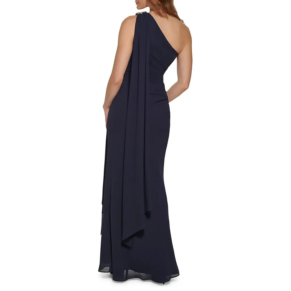 One-Shoulder Embellished Drape Gown