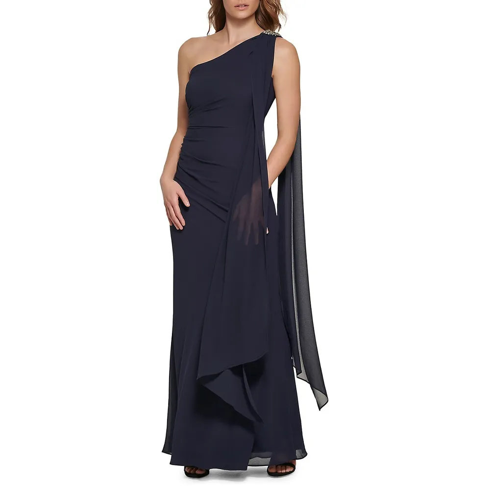 One-Shoulder Embellished Drape Gown