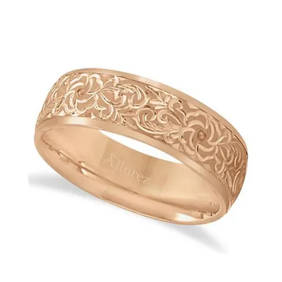 Hand-engraved Flower Wedding Ring Wide Band 14k Rose Gold (7mm)