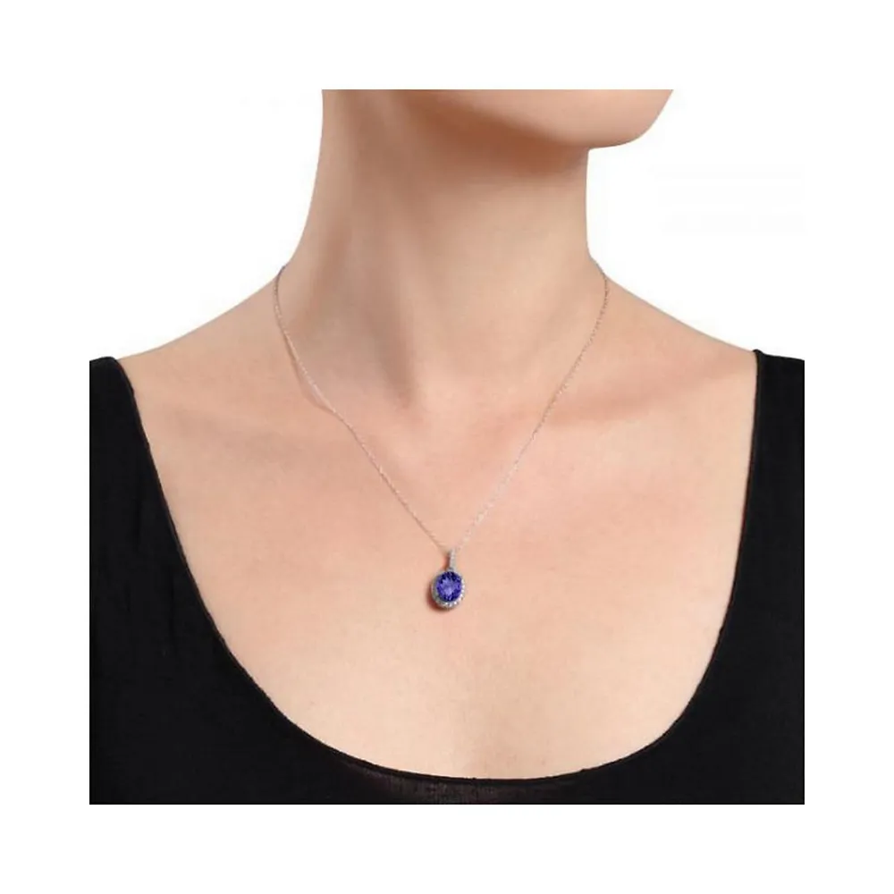 Tanzanite And Halo Diamond Pendant Necklace In 14k White Gold 2.44ct