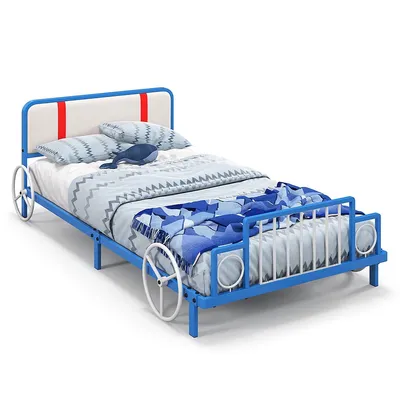 Twin Size Kids Bed Frame Car Shaped Metal Platform Bed W/ Upholstered Headboard