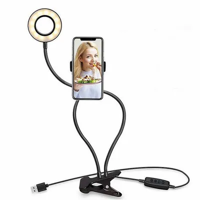 Led Selfie Ring Light Phone Holder Flexible Stand Long Arm For Stream Live - Black