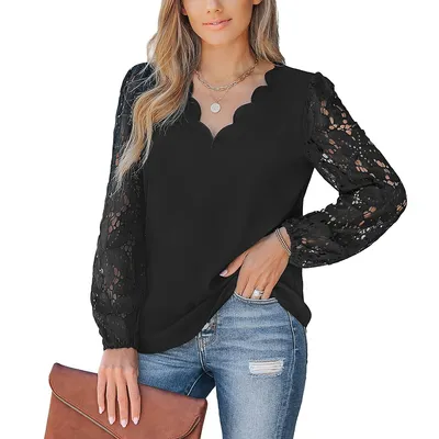 Women's Floral Lace Scalloped V Neck Top
