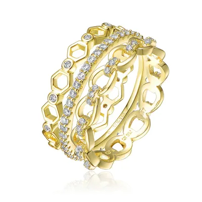 14k Yellow Gold Plating With Clear Cubic Zirconia Wide Band Ring