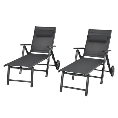 2pcs Patio Lounge Chair W/ Wheels Neck Pillow Aluminum Frame Adjustable