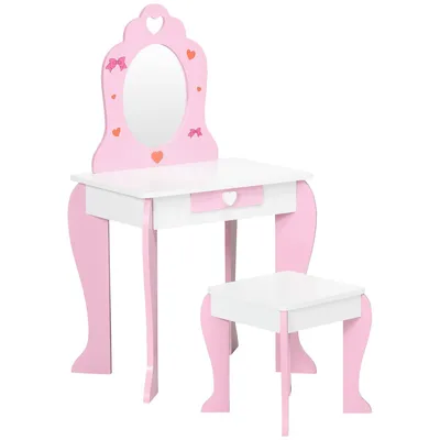 Qaba Kids Vanity Table & Chair Set With Drawer Cute Pattern