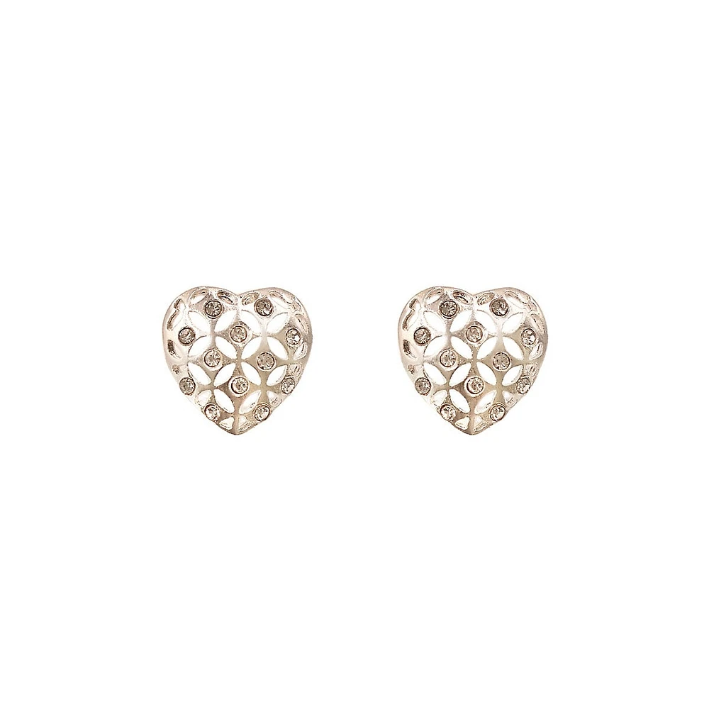 Silver-Plated Crystal Filigree-Heart Stud Earrings