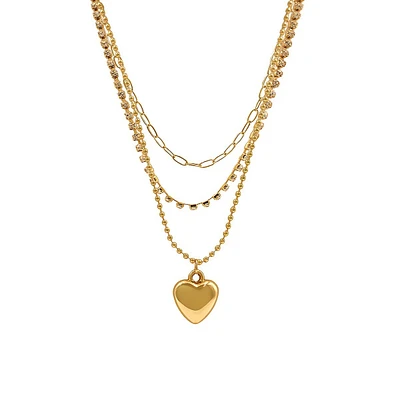 Goldplated & Crystal Triple-Row Heart-Pendant Necklace