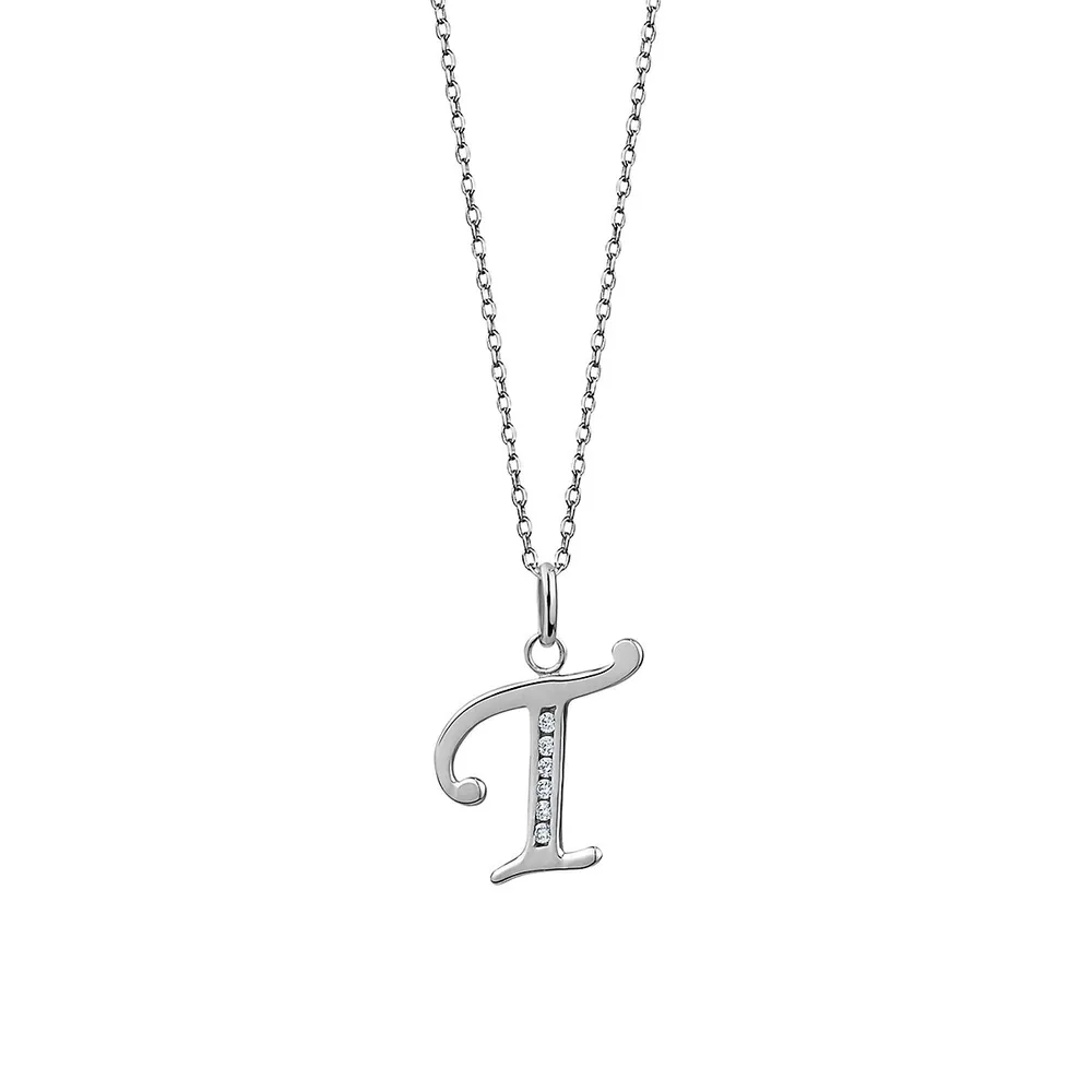 Sterling Silver & Cubic Zirconia Script "T" Initial Pendant - 18"