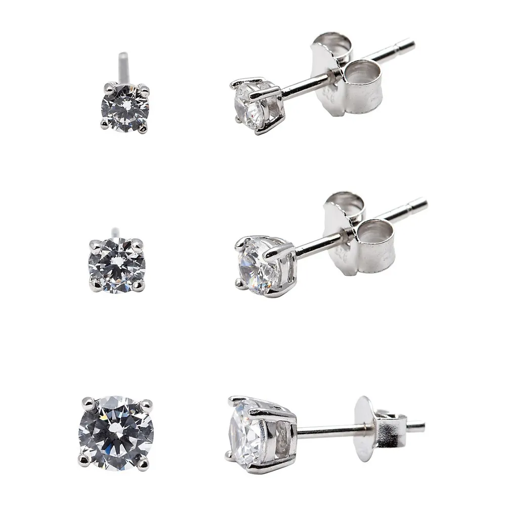3-Pair Sterling Silver & Cubic Zirconia Stud Earrings