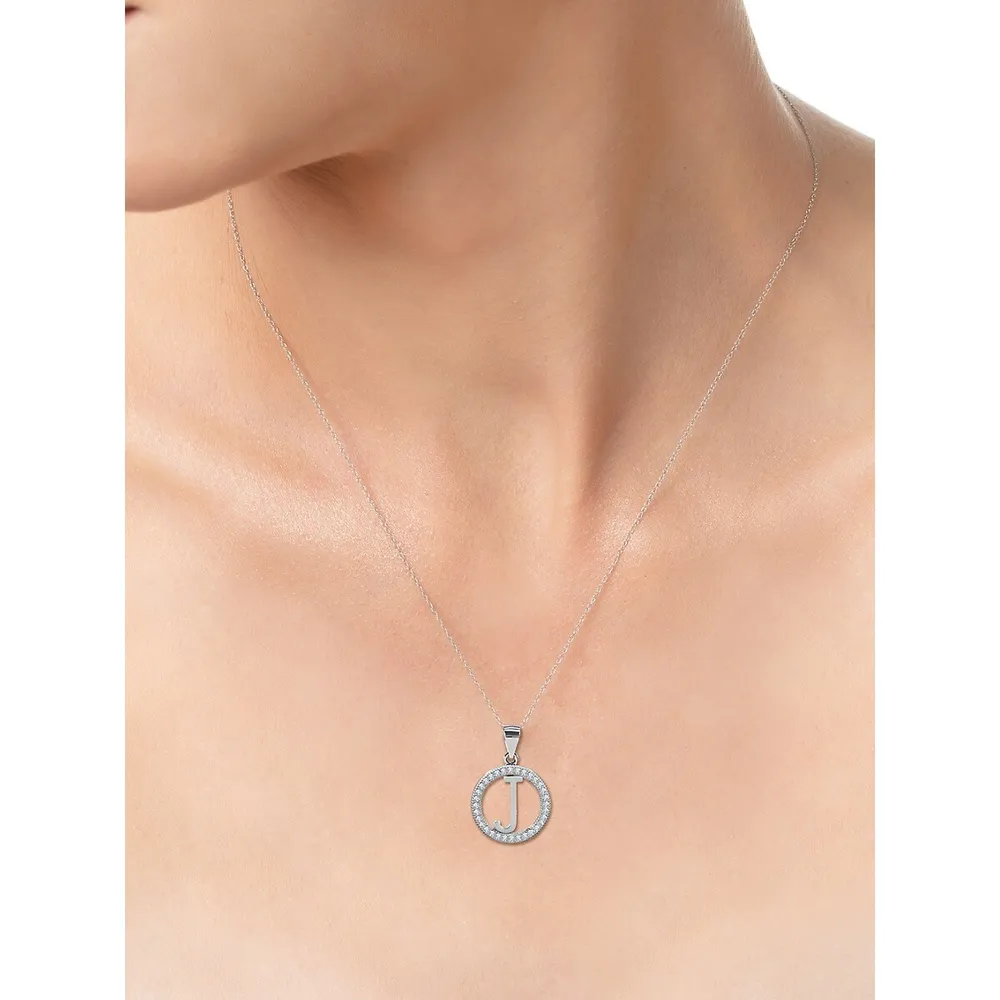 Sterling Silver Polished Initial & Cubic Zirconia Halo Pendant Necklace