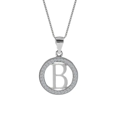Sterling Silver Polished Initial & Cubic Zirconia Halo Pendant Necklace