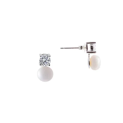 Boucles d'oreilles avec zircons cubiques et perles d'eau douce de 7 mm