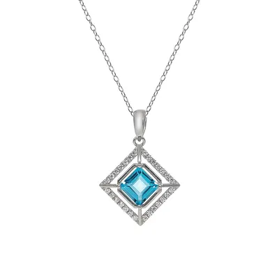 Modern Genuine Square Swiss Blue Topaz, Cubic Zirconia & Sterling Silver Pendant Necklace