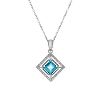 Modern Genuine Square Swiss Blue Topaz, Cubic Zirconia & Sterling Silver Pendant Necklace