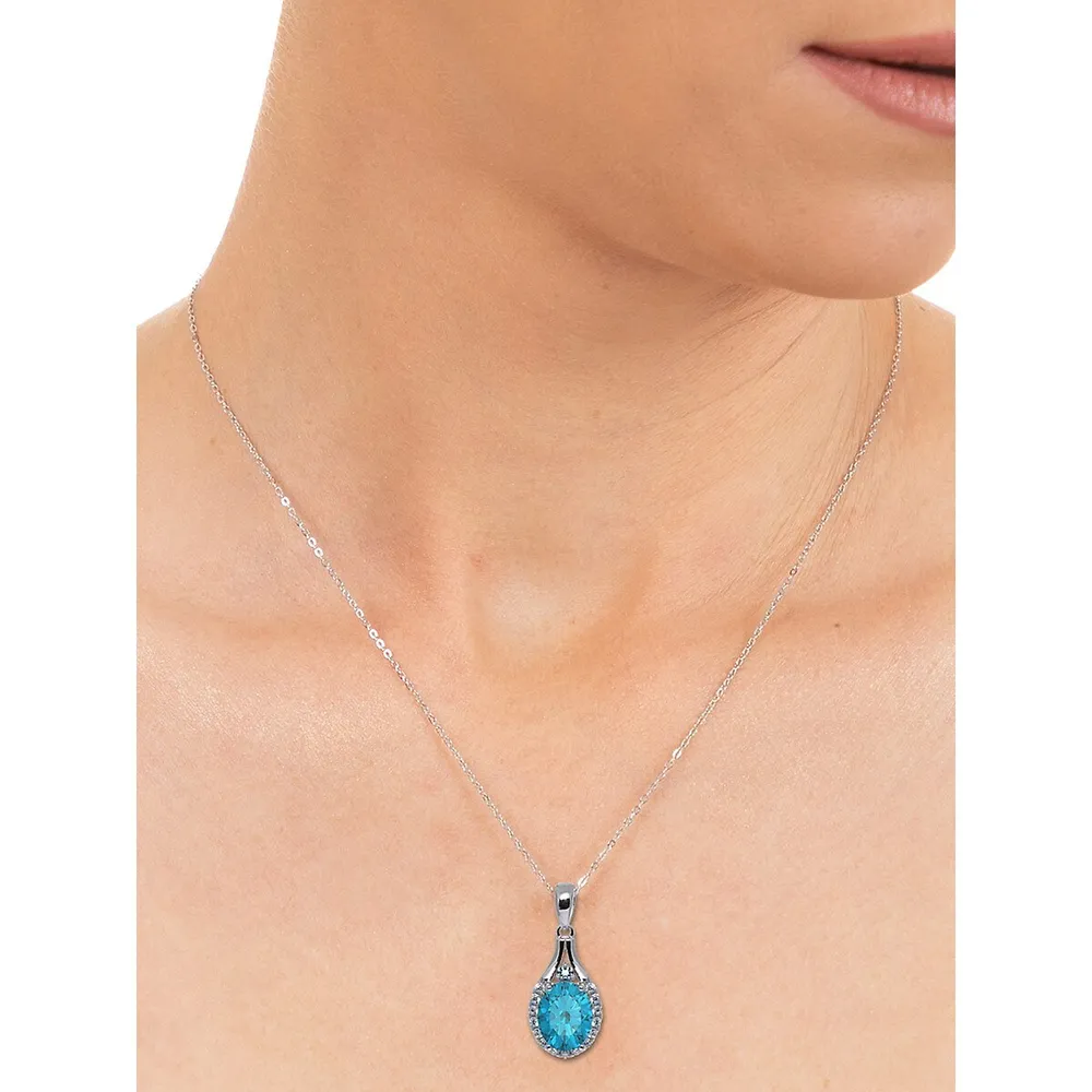 Sterling Silver, Swiss Blue Topaz & Cubic Zirconia Halo Oval Pendant Necklace