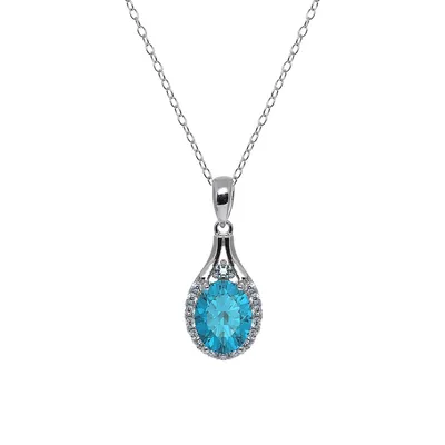 Sterling Silver, Swiss Blue Topaz & Cubic Zirconia Halo Oval Pendant Necklace