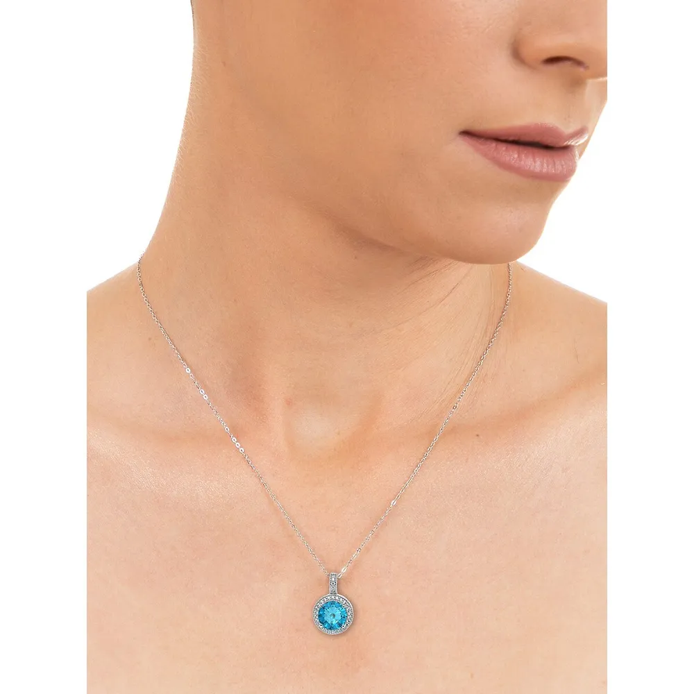 Swiss Blue Topaz, Cubic Zirconia & Sterling Silver Round Pendant Necklace