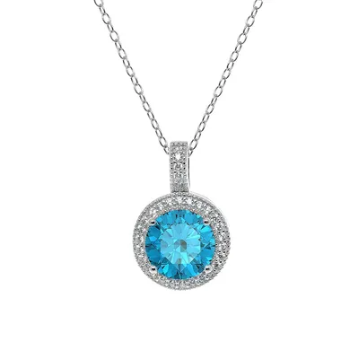 Swiss Blue Topaz, Cubic Zirconia & Sterling Silver Round Pendant Necklace