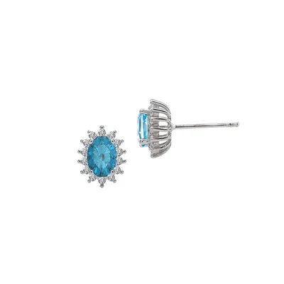 Precious Sterling Silver, Swiss Blue Topaz & Cubic Zirconia Oval Stud Earrings