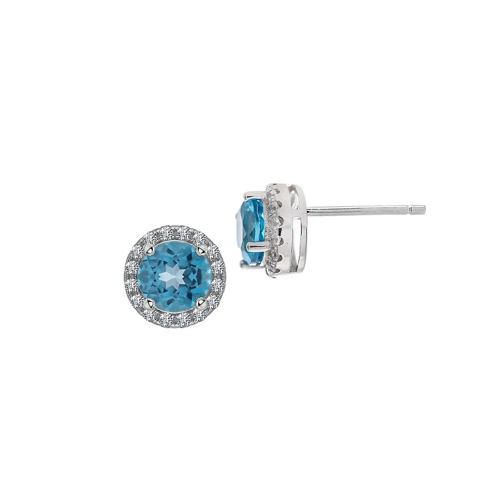 Round Genuine Swiss Blue Topaz, Cubic Zirconia & Sterling Silver Stud Earrings